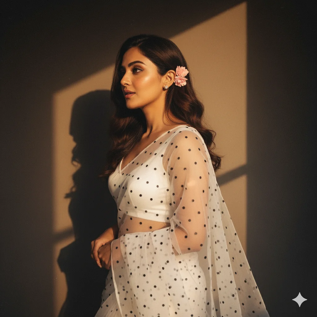 White Polka Dot Saree HD Portrait